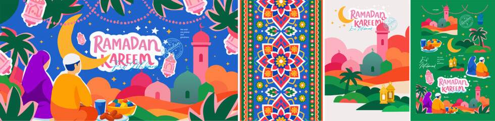 Obraz na płótnie Canvas Ramadan Kareem. Vector bright modern illustration of a Muslim family, mosque, lanterns, celebration, crescent moon, iftar food, and an ornamental pattern for Islamic greeting card, poster, banner, bac