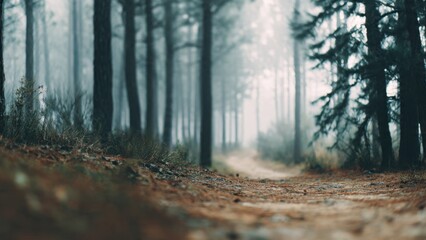 Obraz premium Misty forest path in autumnal setting