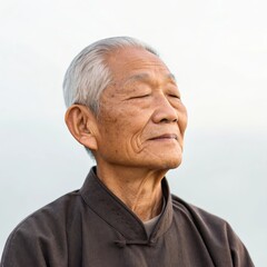 Obraz premium Capturing the serenity of an elderly asian man in portrait photography intimate close-up indoor setting soft lighting peaceful expression emphasizing wrinkles and wisdom