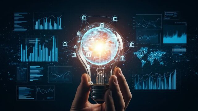 Innovative business concept with glowing lightbulb and financial graphs