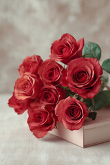 Fototapeta premium A beautiful bouquet of deep red roses rests on a pale pink book, evoking romance and elegance