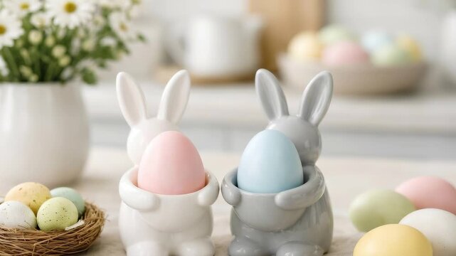 Easter decorations featuring two ceramic bunny egg holders with pastel colored eggs, a bird's nest with quail eggs, and fresh spring flowers arranged on a bright kitchen table