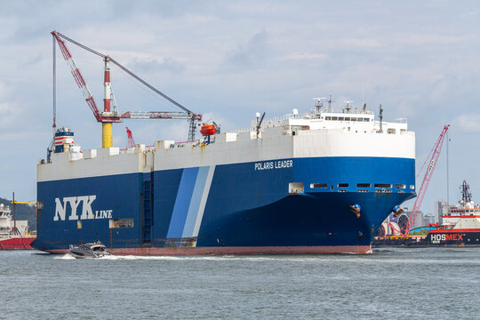 Santos, SP, Brazil - January 17 th, 2026: NYK Line cargo ship Polaris Leader leaving the Santos Estuary heading towards the open sea.