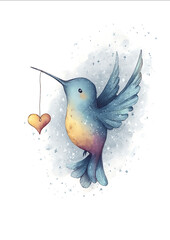 Fototapeta premium hummingbird wings open holding a string with a heart dangling at the end swirling background fantasy magical clean lines watercolour illustration.jp