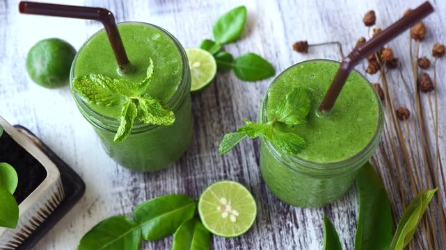 Delicious and healthy green smoothies in glasses with mint leaves, fresh lime, and kaffir lime leaves on a rustic white wooden table, representing a wholesome and detoxifying lifestyle