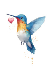 Fototapeta premium watercolour illustration cute hummingbird holding a heart in its beak dreamy background pastel colours whimsy clean lines minimalist