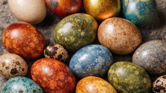 Colorful composition of painted chicken and quail easter eggs lying on a stone background with a moving light creating beautiful reflections, celebrating the festive spring holiday season