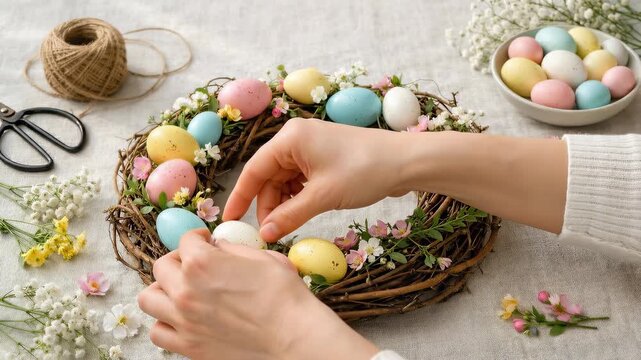 Woman's hands creating a beautiful easter wreath with colorful pastel eggs and fresh spring flowers, meticulously arranging each element on a rustic vine base for a festive seasonal decoration