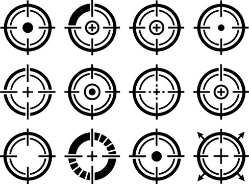 Target crosshair reticle vector icon set with circular aim markers scope symbols and interface elements on transparent background