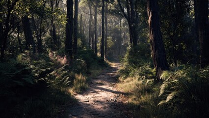 Obraz premium Sunlit Path Through a Lush Forest