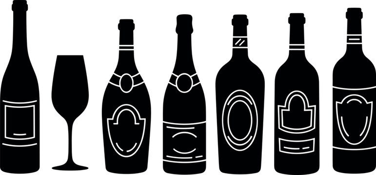 Wine bottle and glass silhouette vector collection for restaurant bar menu and beverage label design on transparent background
