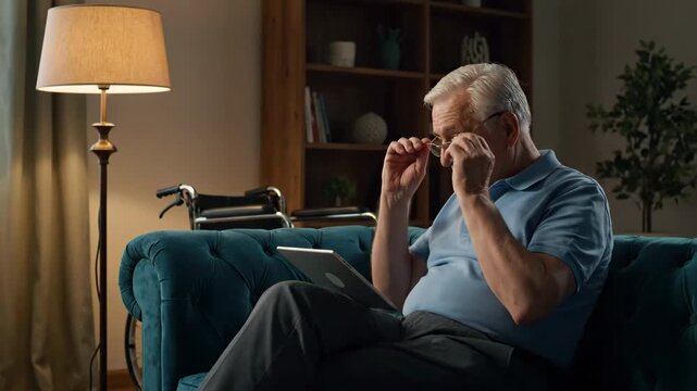 Elderly man sitting on a teal sofa using a tablet computer at home.