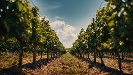 Vineyard rows under a blue sky