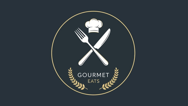 Gourmet food logo with chef hat, fork, and knife