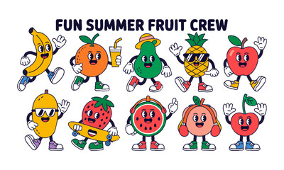 Fototapeta premium Summer fruit crew cartoon characters isolated on white vector illustration, easily editable. 