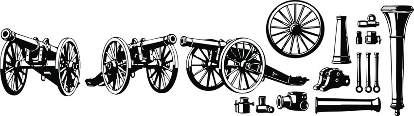 Fototapeta premium Black and white detailed vector art of vintage cannon assembly including multiple angled views wheels barrels and mechanical parts isolated on white background technical style