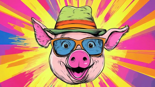 Fun pig character with glasses and a hat in a colorful background for an entertaining moment