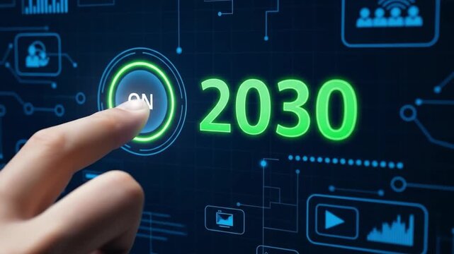 Finger pressing button to activate futuristic 2030 technology