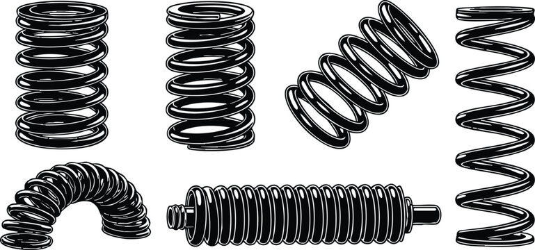 Detailed vector art showing six diverse black coil springs with varying shapes including compressed, stretched, curved, and cylindrical designs in simple white background illustration