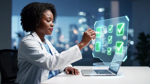 Doctor interacts with a futuristic medical hologram showing checkmarks and data.