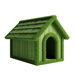 A stylized green dog house with turf trim isolated against