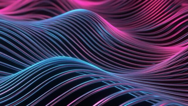 Thin glowing lines bending gentle overlapping waves metallic blue pink futuristic cinematic surreal ethereal ambience cascading softly glowing abstract unique style