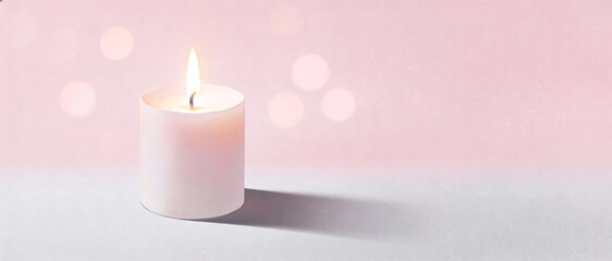 Softly glowing white candle with gentle bokeh lights on a pastel pink background