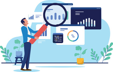 Man holding a large magnifying glass to analyse various data charts and statistics, representing market research, financial analysis, or business intelligence. Flat design vector illustration.