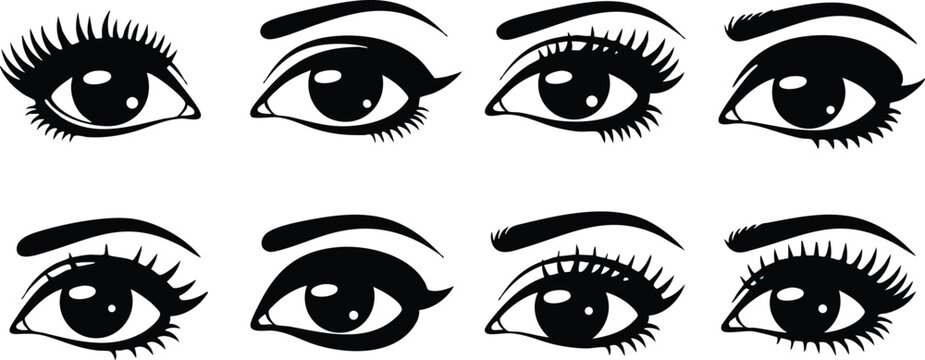 Black and white vector art of eight different stylized female human eyes with long eyelashes and shaped eyebrows in flat design style isolated on white background