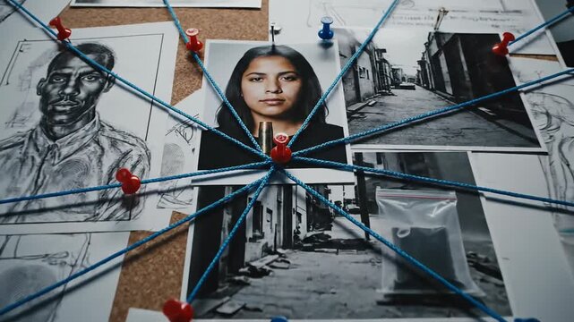 Crime Investigation Board with Photos, Drawings, and String Connections