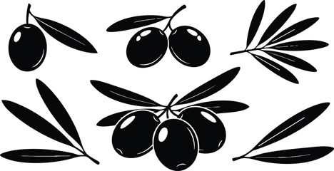 Obraz premium Black silhouette vector art of ripe olives with olive branches and leaves isolated on white background in flat simple style with detailed smooth shapes and natural organic composition