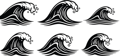Fototapeta premium Bold black and white vector wave set showing six stylized crashing ocean waves with splash droplets profile minimal line art for logo and pattern design