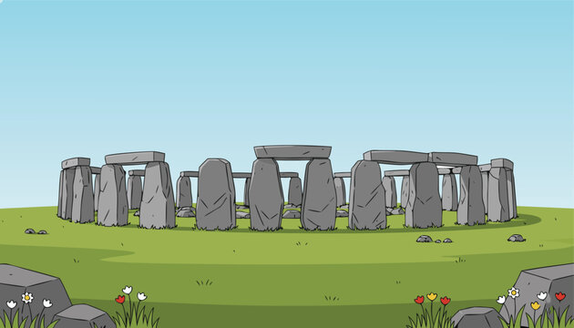 Stonehenge ancient monument in a green field under a clear sky.