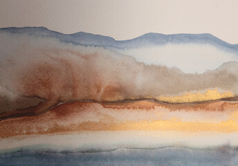 Naklejka premium Ink Watercolor hand drawn smoke flow stain blot Painting Wave Landscape. Blue, gold, beige on wet grain texture paper background.
