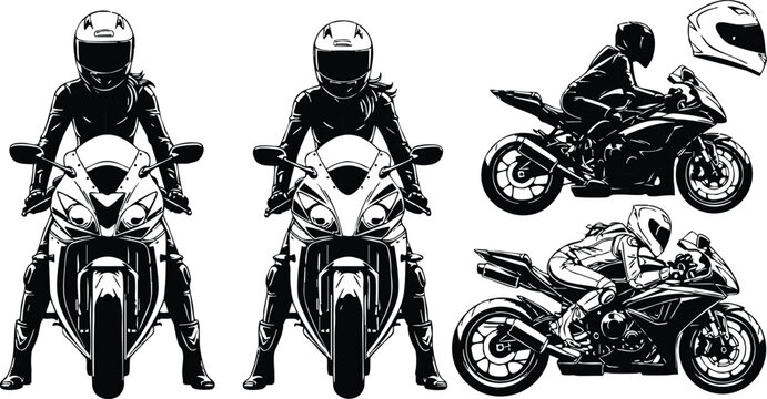 Monochrome vector art of female motorcyclist riding sportbike helmet on head and side and front views detailed motorcycle gear and sporty bike design dynamic perspective