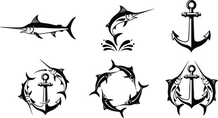 Obraz premium Black and white vector art of swordfish jumping splashing and circular swimming around anchor designs nautical marine ocean theme with fishing and maritime symbols in minimalist style