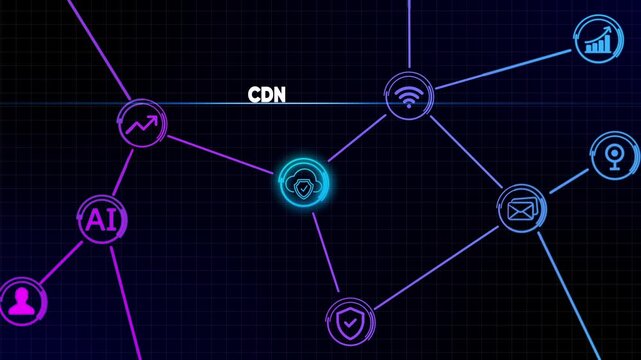 Digital network with CDN text connecting cloud security and AI icons content delivery network