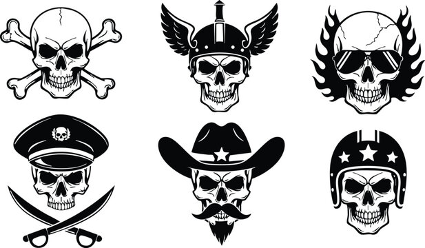 Black and white vector art of six skulls with different headgear including crossbones helmet wings sunglasses cap cowboy hat and star helmet in detailed monochrome style