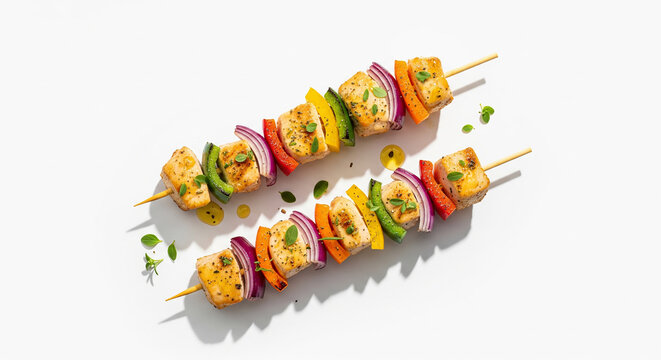 Delicious, colorful kebabs featuring tender grilled chicken and a vibrant array of fresh vegetables, showcasing culinary artistry and a perfect meal.