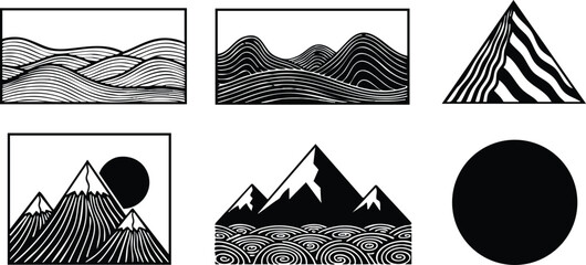 Minimalist black and white vector art set featuring abstract mountain landscapes with linear wave patterns and geometric shapes in various rectangular and triangular compositions