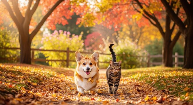 Adorable corgi and cat playing in autumn leaves together