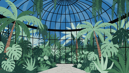Tropical Greenhouse Interior with Lush Greenery and Palm Trees. © Zetaa