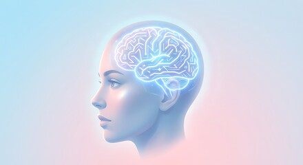 Obraz premium Human head with glowing brain on pastel background.