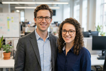Two businesspeople standing side by side in a modern office, smiling confidently at the camera. They wear glasses and are well-dressed