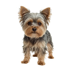 Cute Small Dog Stands on White Background With Alert Expression and Fluffy Fur