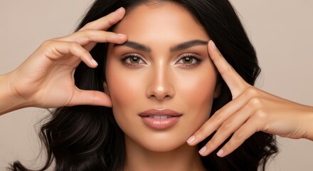 Obraz premium Beautiful woman touching face with healthy glowing skin