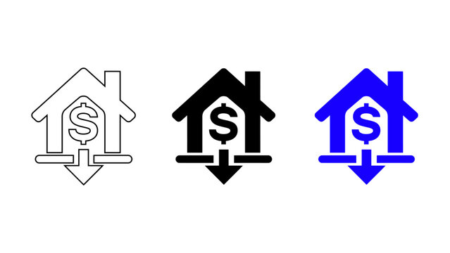 Real estate market crash icon with house dollar symbol and down arrow in outline, solid, and blue styles.