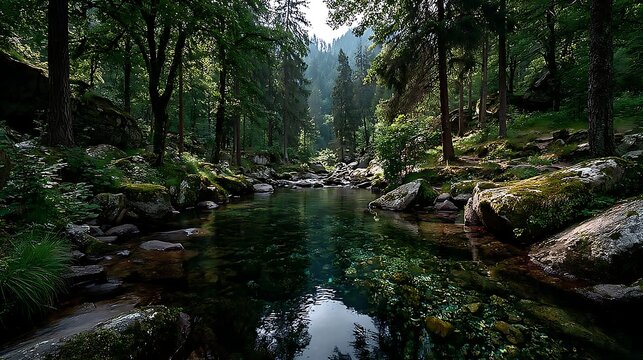 Forest stream over mossy rocks landscape images