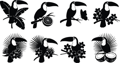 Obraz premium Vector art close up toucan perched on branch with tropical flowers palm leaves and coconut slice silhouette set in bold black graphic style flat tropical icons