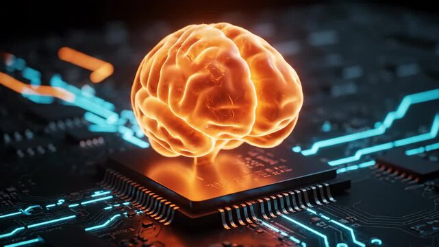 A glowing orange human brain illustration sits atop a computer microchip with illuminated blue circuitry.